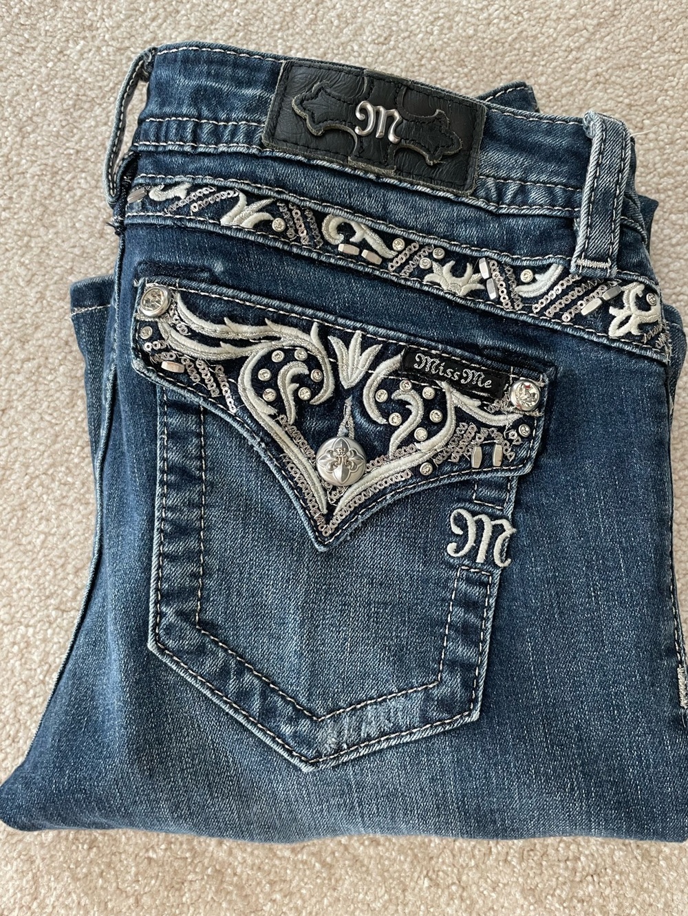 Miss Me Dark Blue Boot Cut Jeans with Silver & Cream Embroidery